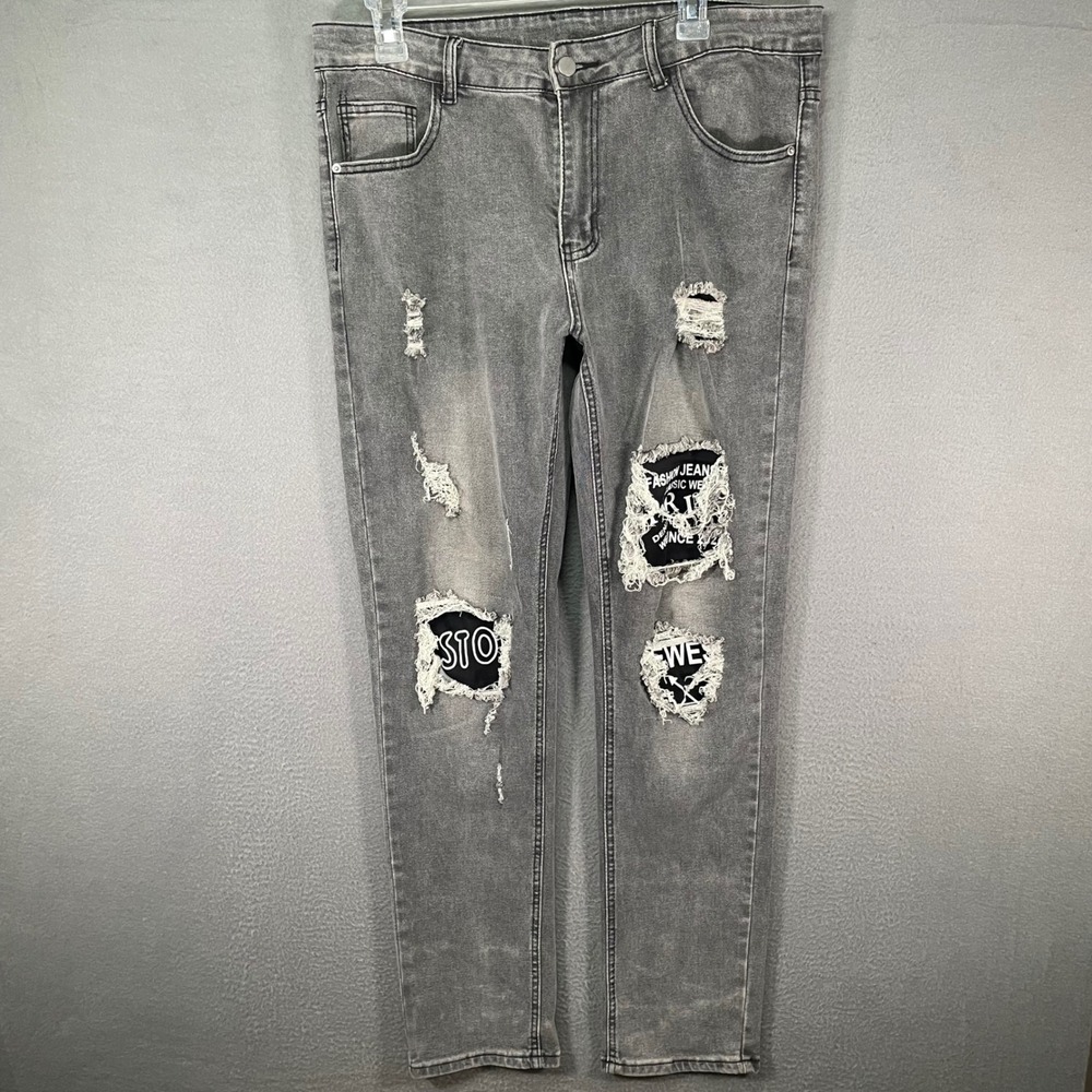 SHEIN Distressed Patchwork Jeans Mens 34 Gray Excellent Graphic Streetwear Punk‎